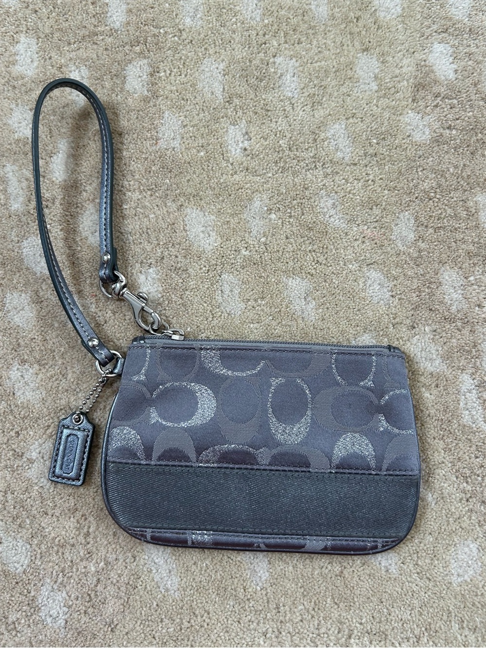 Coach Grey Metallic Signature Wristlet with Pink Interior